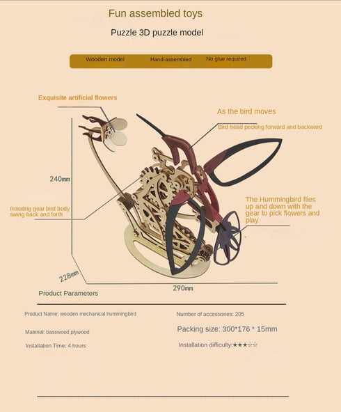 Magical DIY Mechanical Wooden Kinetic Hummingbird 3D Sculpture